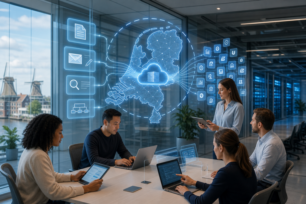 Teamoverleg over digitale cloudoplossingen voor Nederland, met een interactieve kaart en app-iconen op de achtergrond