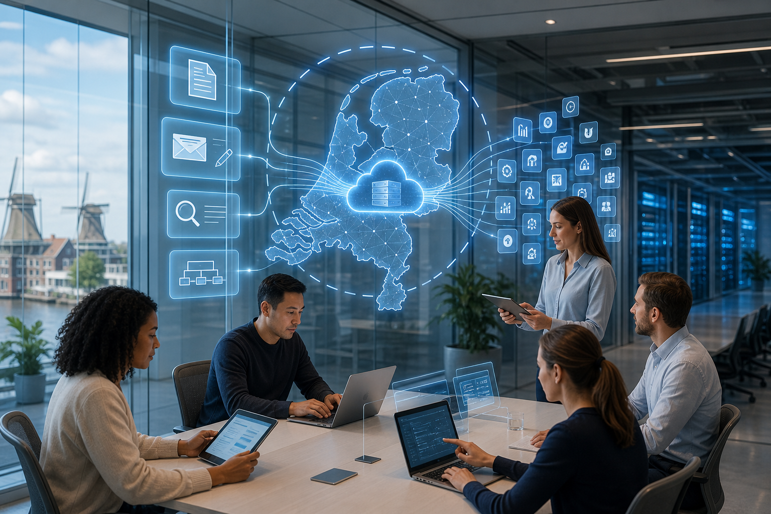 Teamoverleg over digitale cloudoplossingen voor Nederland, met een interactieve kaart en app-iconen op de achtergrond