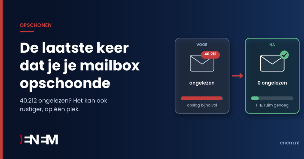 ENEM: voor en na. Een inbox met 40.212 ongelezen mails en bijna volle opslag naast een opgeruimde inbox.