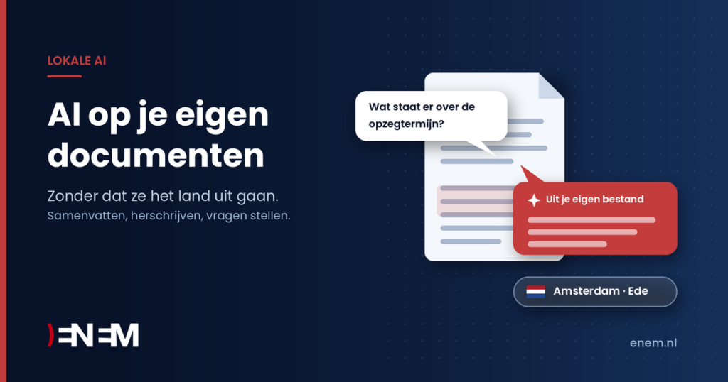 ENEM: een document met een vraag over de opzegtermijn en een antwoord uit je eigen bestand, met de markering Amsterdam en Ede.